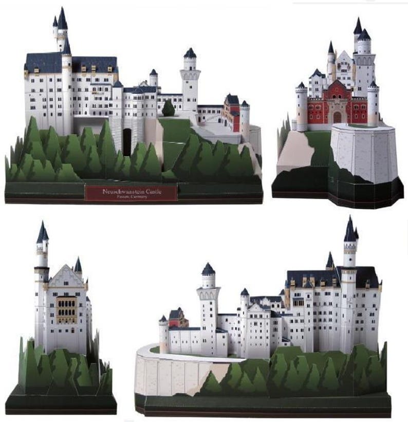 K&ouml;nnte beinhalten: Ein Papiermodellbausatz von Schloss Neuschwanstein mit wei&szlig;en Steinmauern, dunkelblauen D&auml;chern und mehreren T&uuml;rmen. Das Modell wird aus vier verschiedenen Blickwinkeln gezeigt und pr&auml;sentiert die architektonischen Details sowie die gr&uuml;ne Waldbasis.