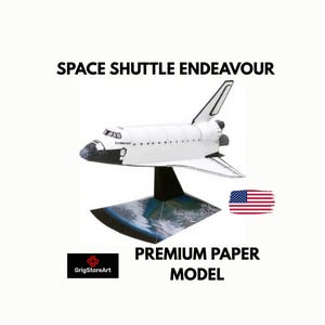May include: A paper model of the Space Shuttle Endeavour in white and black, mounted on a stand featuring an image of Earth. The text reads SPACE SHUTTLE ENDEAVOUR and PREMIUM PAPER MODEL, accompanied by a small United States flag and GrigStoreArt logo.