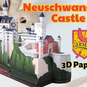 K&ouml;nnte beinhalten: Ein 3D-Papiermodell von Schloss Neuschwanstein mit wei&szlig;en T&uuml;rmen, blauen D&auml;chern, einem roten Torhaus und gr&uuml;nen Papierb&auml;umen auf einem Sockel. Der Text lautet Neuschwanstein Castle, DIY, Germany und 3D Paper Model, mit deutscher Flagge und Wurstsymbol.