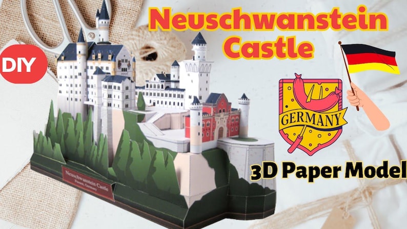 K&ouml;nnte beinhalten: Ein 3D-Papiermodell von Schloss Neuschwanstein mit wei&szlig;en T&uuml;rmen, blauen D&auml;chern, einem roten Torhaus und gr&uuml;nen Papierb&auml;umen auf einem Sockel. Der Text lautet Neuschwanstein Castle, DIY, Germany und 3D Paper Model, mit deutscher Flagge und Wurstsymbol.