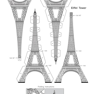 Puede incluir: Un kit de manualidades de la Torre Eiffel en blanco y negro. La imagen muestra las piezas desplegadas con instrucciones de plegado. El texto "Eiffel Tower" es visible. El kit incluye múltiples piezas para construir el emblemático monumento.