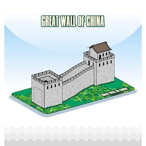 May include: A gray and white model of the Great Wall of China with a green grassy base. The model is in an isometric view and the text "GREAT WALL OF CHINA" is at the top of the image.