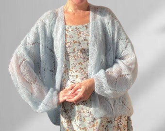 Light blue crochet cardigan, alpaca wool cardigan, dressy cardigan, bridal cardigan, merino wool sweater