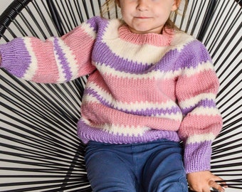 IN STOCK Pink and purple striped sweater, colorful crochet baby sweater, custom knit merino wool sweater