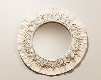 Round macrame mirror, decorative woven mirror, round wall hanging, nursery sun mirror, macrame wall hanging