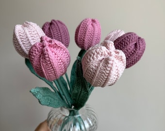 Ramo de tulipanes rosas y morados, ramo de crochet, flor de punto, regalos para mamá, flor hecha a mano, regalos de aniversario