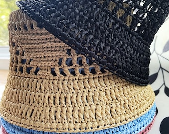 Raffia crochet bucket hat, summer hat, sun hat, straw gardening hat, knit bucket hat, summer slouchy hat