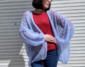 Crochet mohair and silk cardigan, v neck cardigan, blue lightweight cardigan, pastel plus size cardigan