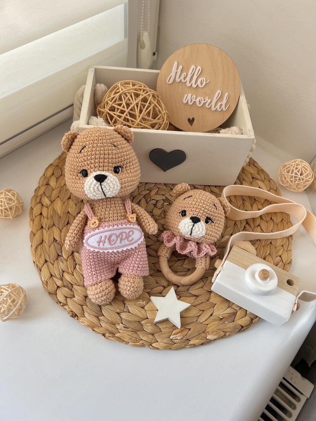 Handmade Crochet Teddy Bear Toy in Pink Jumper and Pom-Pom Hat main image 1