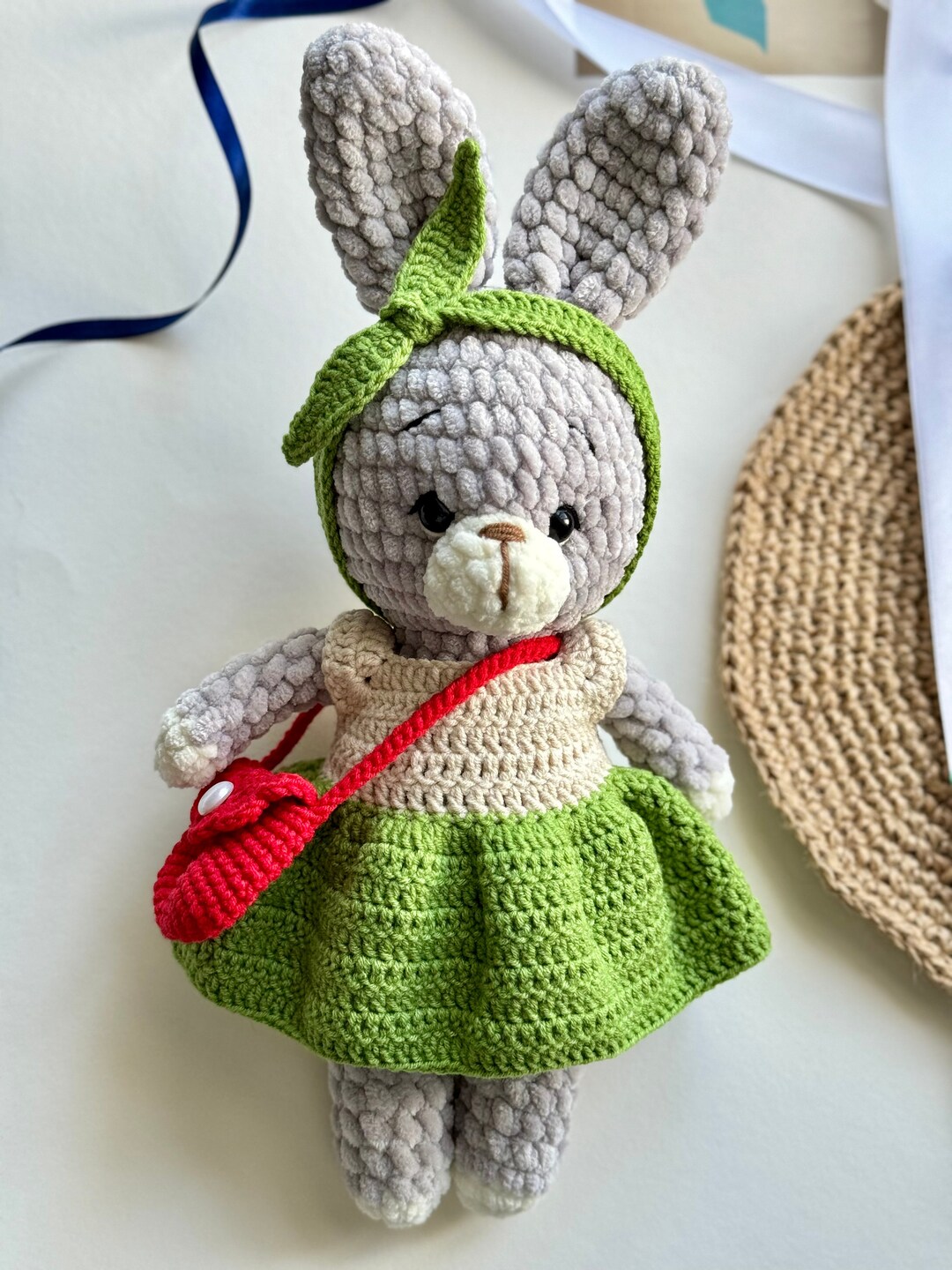 Stuffed Rabbit Plush in Green Dress, Crochet Plushie Hare With Bag ...