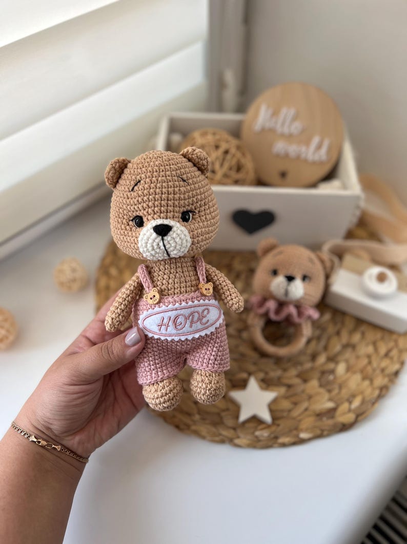 Crochet Teddy Bear & Rattle Set, Baby Shower Gift - Etsy