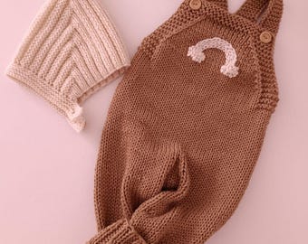 Gebreide babyromper met bijpassende motorkap, baby-outfit van biologisch katoen of merinowol, pasgeboren Coming Home-outfit, handgemaakt babyshowercadeau