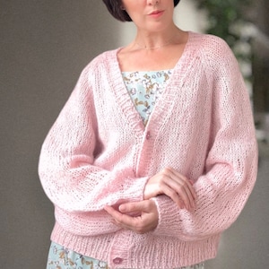 Cardigan rose au crochet, cardigan en mohair, pull en laine mérinos, cardigan en laine à col en V pour femme