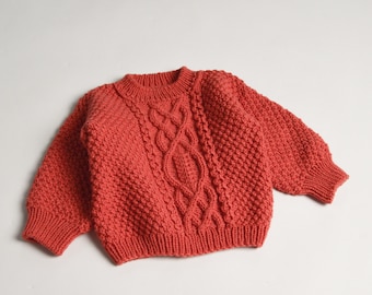 Merino wool kids sweater, teracota crochet baby sweater, knit newborn sweater, hand knit toddler outfit