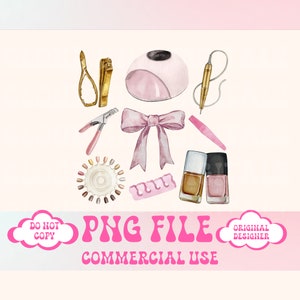 May include: A set of watercolor illustrations of nail art supplies, including a nail lamp, nail clippers, a nail file, a nail polish bottle, a nail polish remover bottle, a nail art brush, a nail art stamp, and a bow. The illustrations are in pink, gold, and white.