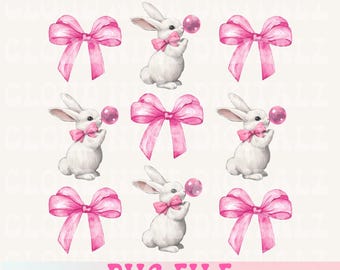 May include: Nine digital illustrations of white bunnies blowing pink bubbles with pink bows. The bunnies are in various poses and the bows are in different positions.