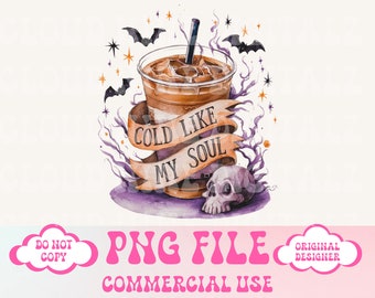 May include: A watercolor illustration of a cup of iced coffee with a skull and bats. The cup has a ribbon wrapped around it that says "Cold Like My Soul".