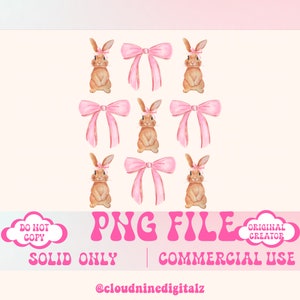 May include: Nine watercolor illustrations of brown bunnies with pink bows. The bunnies are standing upright with their paws together. The background is a light pink color. The text "PNG FILE" is in pink letters with a retro font. The text "SOLID ONLY" and "COMMERCIAL USE" are also in pink letters. The text "@cloudninedigitalz" is in black letters.