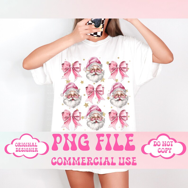 May include: White t-shirt with a repeating pattern of pink bows and Santa faces. The text "PNG FILE COMMERCIAL USE" is printed on the bottom of the shirt.