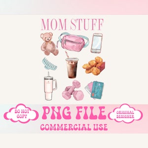 May include: A digital illustration of a set of pink and blue mom-themed clipart. The set includes a teddy bear, a pink fanny pack, a mobile phone, a hair comb, a cup of iced coffee, a box of chicken nuggets, a pink water bottle, pink dumbbells, and a credit card.