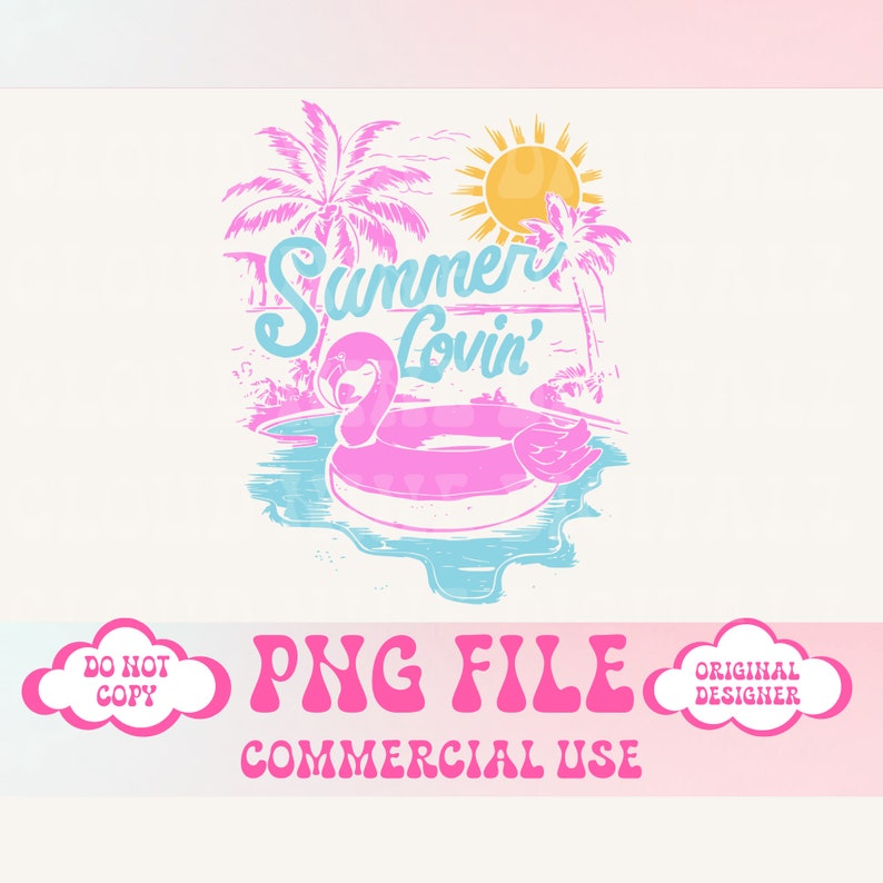 May include: Pink flamingo pool float with the text "Summer Lovin'" in a blue pool with palm trees and a yellow sun in the background.  The text "PNG FILE COMMERCIAL USE" is at the bottom of the image.