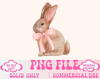 May include: A watercolor illustration of a brown bunny rabbit wearing a pink bow. The bunny is sitting on a white background. The image is a PNG file and is for commercial use only.