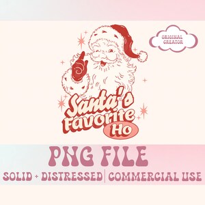 May include: A digital illustration of Santa Claus with a red hat and beard, winking and pointing to the text "Santa's Favourite Ho" in a retro style. The image is in a pink and white colour scheme and includes stars.