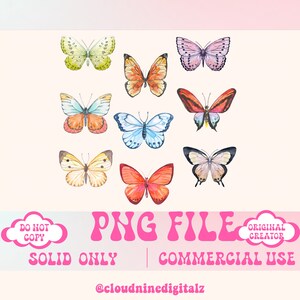 May include: A set of ten watercolor butterfly illustrations in various colors, including orange, blue, yellow, green, and pink. The butterflies are all in a flying position with their wings spread out. The illustrations are perfect for digital scrapbooking, card making, and other creative projects.