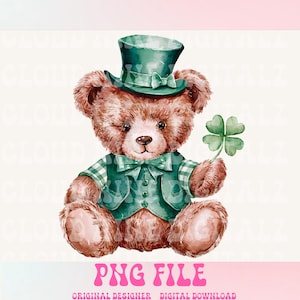 May include: A brown teddy bear wearing a green vest and a green hat with a shamrock. The bear is holding a four-leaf clover.