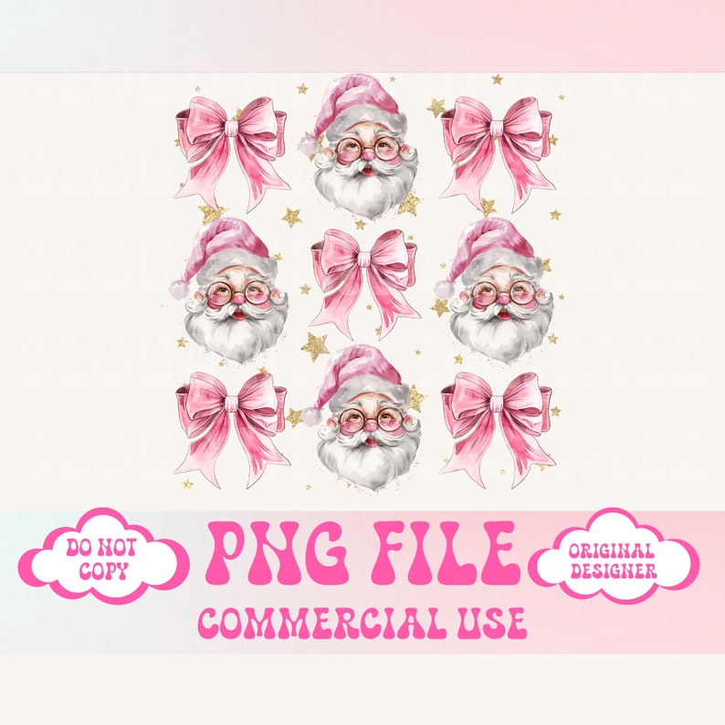 May include: Nine digital illustrations of Santa Claus with pink bows and gold stars on a white background.  The Santa Claus illustrations are in a watercolor style.  The text "PNG FILE COMMERCIAL USE" is at the bottom of the image.