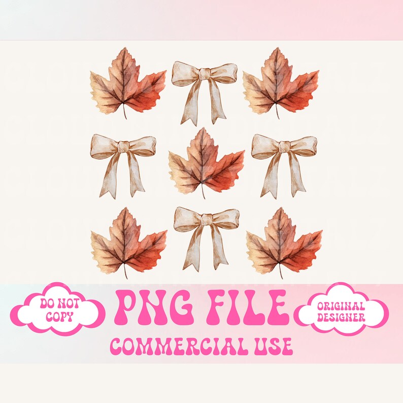 May include: Nine watercolour illustrations of autumn leaves and bows. The leaves are brown and orange with a watercolour effect. The bows are beige with a watercolour effect. The illustrations are arranged in a grid pattern.