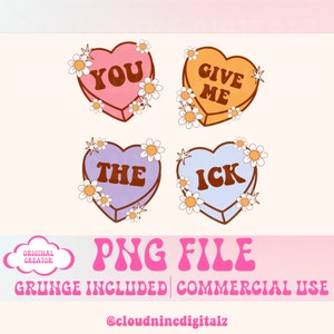 Puede incluir: Cuatro ilustraciones digitales de corazones de caramelo con diferentes lemas. Los corazones son de color rosa, naranja, morado y azul con flores de margarita blancas alrededor. Los lemas son "You", "Give Me", "The" y "Ick".