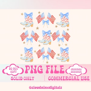 May include: Nine digital illustrations of red, white, and blue cowboy boots with bows and American flags. The text "PNG FILE" is in pink letters with a pink cloud on the left side that says "DO NOT COPY" and a pink cloud on the right side that says "ORIGINAL DESIGNER". The text "SOLID ONLY" is in black letters and the text "COMMERCIAL USE" is in black letters.