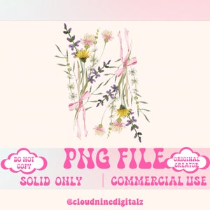 May include: A digital download of a watercolour illustration of a bouquet of wildflowers with pink ribbons. The image is labelled "PNG FILE", "SOLID ONLY", "COMMERCIAL USE", and "@cloudninedigitalz".