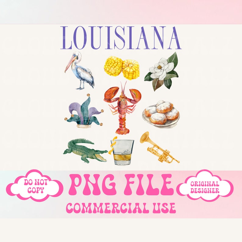 May include: A digital illustration of Louisiana themed icons, including a pelican, corn on the cob, a magnolia flower, a jester's hat, a crawfish, beignets, an alligator, a glass of whiskey, and a trumpet. The text "LOUISIANA" is at the top of the image. The text "PNG FILE COMMERCIAL USE" is at the bottom of the image.