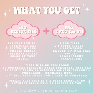 May include: Digital download graphic design files. The image features the text "WHAT YOU GET" in a retro font. It details an SVG vector file and two PNG files, including solid and distressed options, with a transparent background. The image also includes the Instagram handle @cloudninedigitalz.