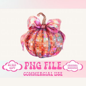 Op de afbeelding: Een roze en oranje discobal-pompoen met een roze strik. De pompoen is versierd met kleine, vierkante, iriserende tegels. PNG FILE COMMERCIAL USE.