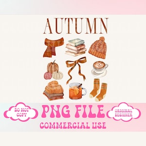 Op de afbeelding: Een set met herfst-illustraties, waaronder een sjaal, een stapel boeken, een gebreide muts, een pompoen, een lint, een kopje koffie, een mok warme cider, een paar sokken en een stapel truien. De tekst "AUTUMN" staat bovenaan de afbeelding. De tekst "PNG FILE COMMERCIAL USE" staat onderaan de afbeelding.