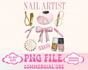 May include: A watercolor illustration of nail art supplies, including a nail lamp, nail clippers, a nail file, a cuticle pusher, a nail polish bottle, a nail polish remover bottle, a bow, and a nail color chart. The text "Nail Artist" is at the top of the image. The text "PNG File Commercial Use" is at the bottom of the image.