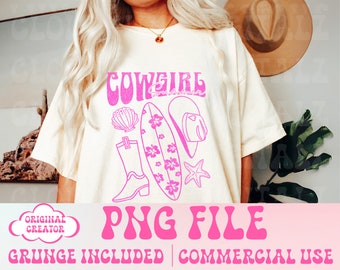 May include: Pink graphic design on a white t-shirt with the text "Cowgirl Summer" and images of a cowboy boot, surfboard, seashell, and cowboy hat. The text "PNG FILE" is below the design. The text "GRUNGE INCLUDED | COMMERCIAL USE" is below the text "PNG FILE". The text "@cloudninedigitalz" is below the text "GRUNGE INCLUDED | COMMERCIAL USE".