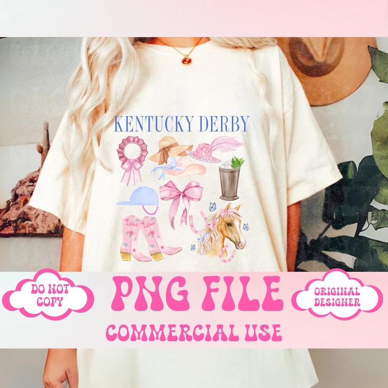 May include: A digital design featuring a watercolor illustration of a horse, jockey helmet, boots, hats, bows, and a mint julep. The design is labeled "Kentucky Derby" and is available as a PNG file for commercial use.
