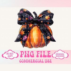 May include: A digital illustration of an orange pumpkin with a black and gold bow. The bow has a galaxy print with stars and glitter. The pumpkin is isolated on a white background.