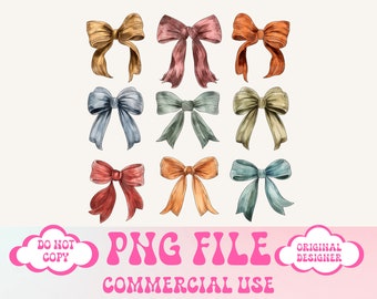May include: Set of twelve hand-drawn watercolor bows in various colors, including red, orange, yellow, green, blue, and brown. The bows are arranged in three rows of four. PNG file, commercial use.