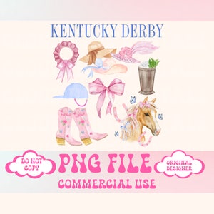 May include: A digital illustration of a Kentucky Derby theme with a horse, jockey helmet, cowboy boots, hats, and a mint julep. The text "Kentucky Derby" is at the top of the image. The text "PNG File Commercial Use" is at the bottom of the image.
