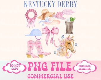 Könnte beinhalten: Eine digitale Illustration zum Thema Kentucky Derby mit einem Pferd, einem Jockeyhelm, Cowboystiefeln, Hüten und einem Mint Julep. Der Text "Kentucky Derby" befindet sich oben im Bild. Der Text "PNG File Commercial Use" befindet sich unten im Bild.