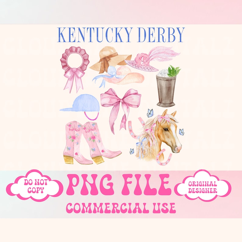 May include: A digital illustration of a Kentucky Derby theme with a horse, jockey helmet, cowboy boots, hats, and a mint julep. The text "Kentucky Derby" is at the top of the image. The text "PNG File Commercial Use" is at the bottom of the image.