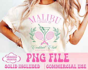 May include: A pink and green graphic design featuring a martini glass with olives, two pink tennis rackets, and green leaves. The text "MALIBU Tennis & Cocktail Club MATCH MADE IN HEAVEN" is displayed on the design. The design is on a white t-shirt.