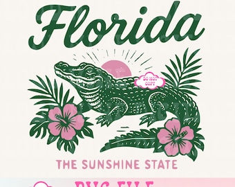 May include: Green alligator with a pink hibiscus flower and green palm leaves. The text "Florida The Sunshine State" is below the alligator. The text "PNG File Commercial Use" is at the bottom of the image.