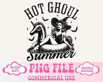 May include: Black and white illustration of a witch wearing a witch hat and riding a unicorn float. The text "Hot Ghoul Summer" is above the image. The text "PNG File Commercial Use" is below the image.