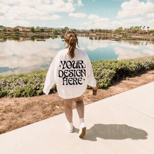 Gildan 18000 White Sweatshirt Mockup Oversized White Hoodie Mockup Model Mockup Trendy Mock Outdoors Aesthetic Mockup Words on Back